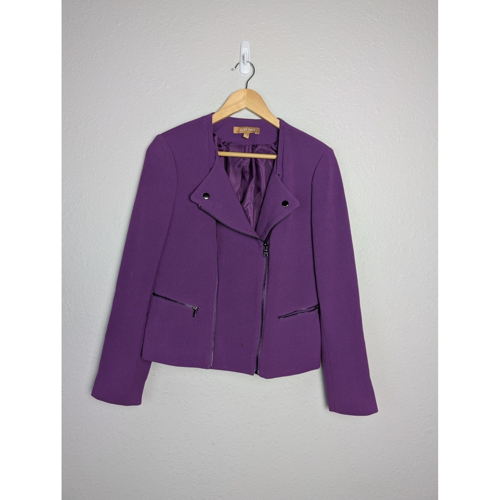 Ellen Tracy Jacket Womens Small Purple Moto Biker Asymmetrical Zip Pockets Lined